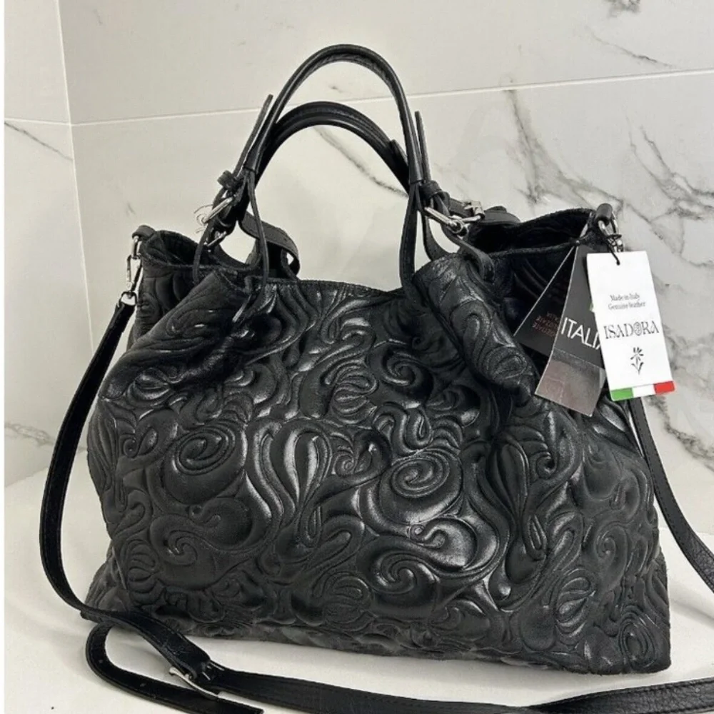 ISADORA ITALY Black Tooled GENUINE
Leather Large Bag Tote Purse NEW
AUTHENTIC - Picture 1 of 8